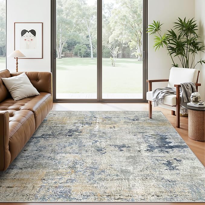 Soalmost 6x9 Abstract Area Rugs for Living Room 6 x 9 Washable Non Slip Low Pile Gray Rugs for Bedroom Dining Room Foldable Thin Blue Yellow