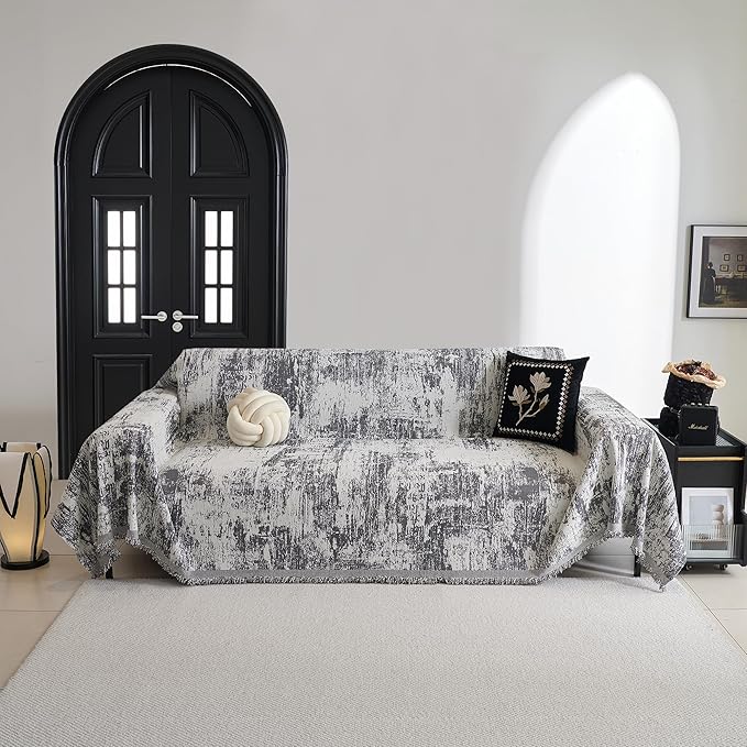 MYSKY HOME Sectional Couch Cover Deep Grey Abstract Geometric Sofa Covers for Sectional Sofa L Shape Chenille Couch Protector for Dogs Pets Couch Throw Cover Washable Durable for Home Decor, 91" X134"