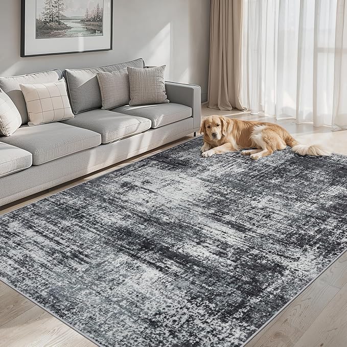8x10 Area Rugs for Living Room - Washable Rug Modern Abstract Soft Large Neutral Non-Slip Carpet Indoor Floor Thin Carpets for Bedroom Dining Room Farmhouse Nursery Home Office Dark Black