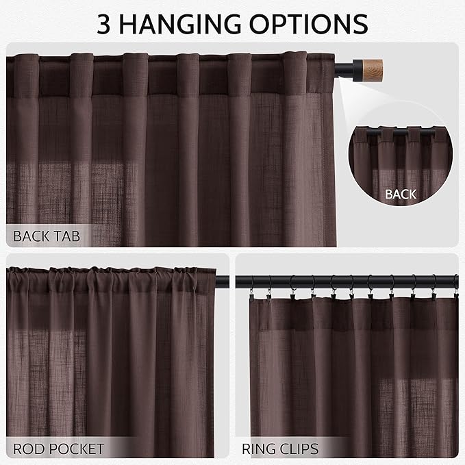 Coffee Brown Extra Long Linen Curtains 120 Inch for Living Room Set Rod Pocket Back Tab Light Filtering Semi Sheer Drapes Privacy High Ceiling Drapes Farmhouse for Dinner Room 52x120,2 Panels
