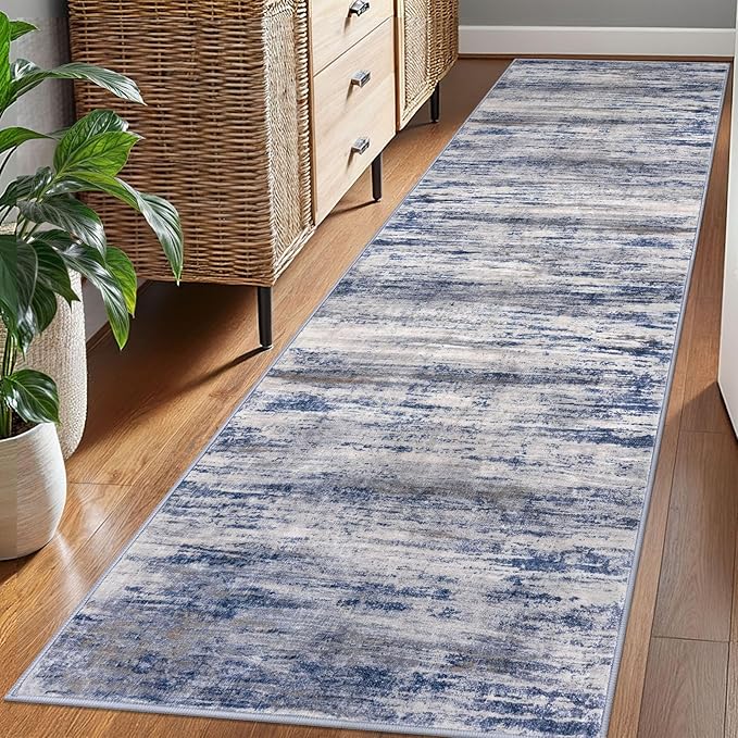 KOZYFLY Modern Abstract Hallway Runner Rug, 2.6x8 Washable Rug Runner Non-Slip Soft Striped Kitchen Runner Rugs, Print Grey Blue Carpet Runner for Entryway Bathroom Laundry Room Foyer