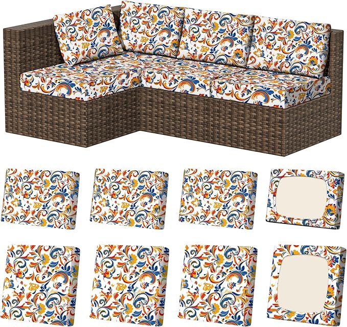 8Pcs Stretch Patio Cushion Covers, Outdoor Couch & Sofa Replacement Slipcovers for Patio Furniture Cushion Covers, Washable Reusable Furniture Protector