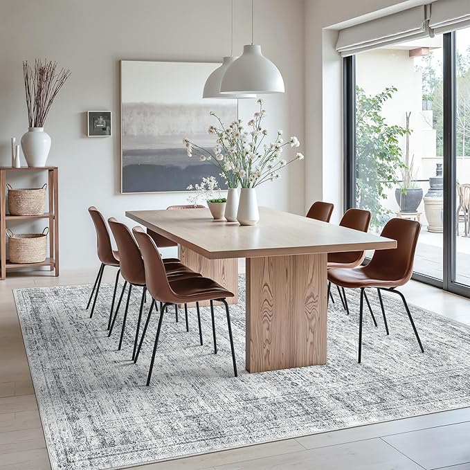 Soalmost 9x12 Area Rugs for Living Room, Non Slip Machine Washable Vintage Rugs, Low Pile Lightweight Large Rug for Bedroom, Dining Room, Home Office Grey