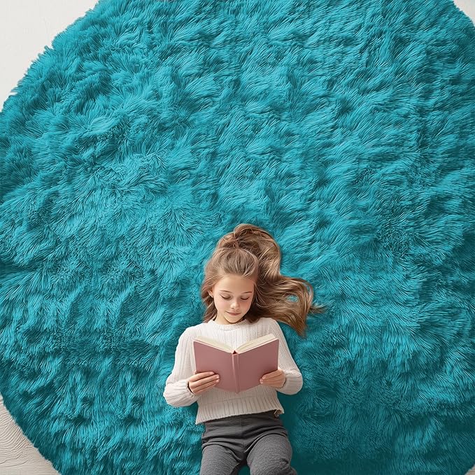 OLANLY Teal Round Rugs for Bedroom - Machine Washable, 9 ft Circle Area Rugs for Living Room, Soft and Fluffy Shaggy Carpet for Teen Girl and Boys, Nursery Rooms, Dorms, Home Decor Aesthetic