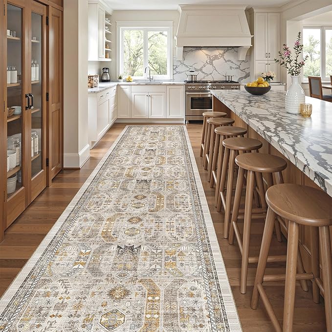 Madane Hallway Runner 3x14 - Runner Rugs 14ft Washable Entryway 14ft Rug Ruuner Vintage Kitchen Runners Non Slip Indoor Area Rug Farmhouse Carpet Runner for Bathroom Living Room Bedroom, Brown/Gold