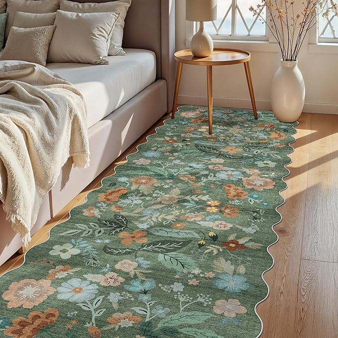Washable 3x10 Hallway Runner Rug: Floral Scalloped Soft Runners for Entryway Kitchen Nursery Non Slip Bathroom Floor Mat Water Resistant Light Weight Carpet for Living Room Bedroom (3x10 Floral/Green)