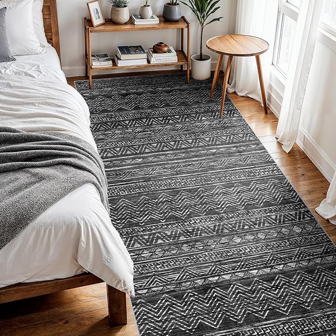 4x10 Washable Hallway Runner Rug：Moroccan Non-Slip Wide Runners for Entryway Kitchen Soft Modern Geometric Low-Pile Rugs for Living Room Thin Waterproof Carpet for Bedroom Bathroom Laundry(Black,4x10)