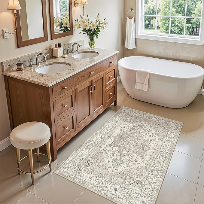 Madane Washable Area Rug 2x3, Small Entryway Rug Non-Slip Vintage Door Mat Indoor Entrance, Low Pile Floor Carpet for Inside Front Door Bedroom Kitchen Entry Laundry (2'x3', Beige/Brown)