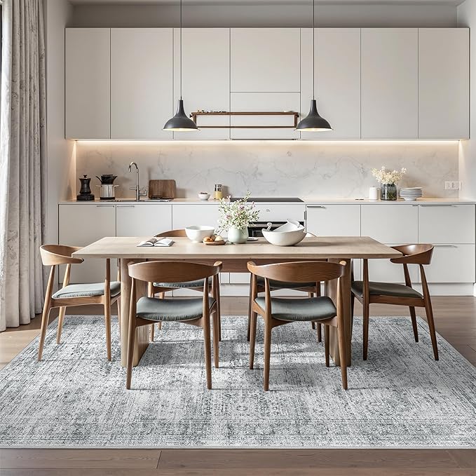 5x7 Area Rugs, Ultra-Thin Washable Rugs for Living Room, Anti-Slip Backing Area Rug for Bedroom, Soft Abstract Vintage Home Decor Rug for Dining Room(5'x7', Grey/Ivory)