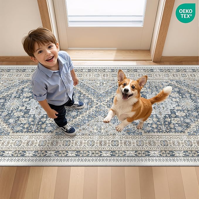 2x5 Rug Runner Washable for Entryway, Soft Bathroom Rugs with Non-Slip Backing,Vintage Low Pile Stair Runner, Small Kitchen Carpet for Hallways, Laundry Room(Blue/Beige,2'x5')