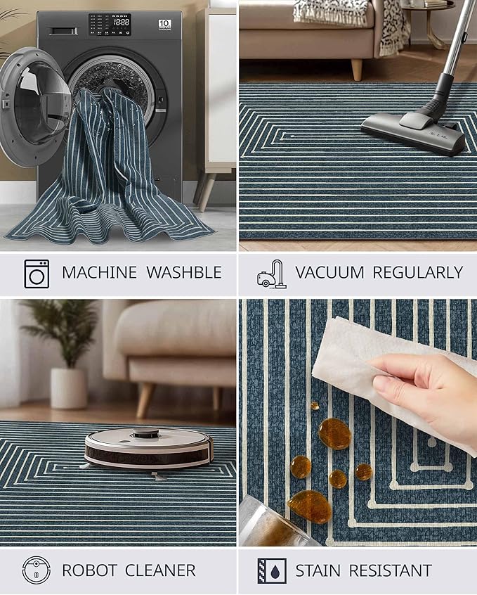 Latte&Fog 3x5 Entryway Rug Indoor, Modern Abstract Washable Area Rug, Boho Non Slip Low Pile Throw Carpet for Indoor Bedroom Bedside, Kitchen, Entry and Living Room - Blue