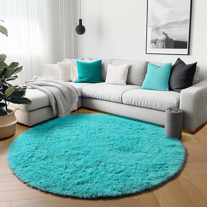 ONASAR Teal Blue Round Area Rug 4ft, Soft Fluffy Bedroom Bedside Floor Circle Rugs for Kids Girls Boys Teen Room, Cute Fuzzy Furry Plush Shaggy Carpet for Nursery Living Room Playroom Dorm Home Decor