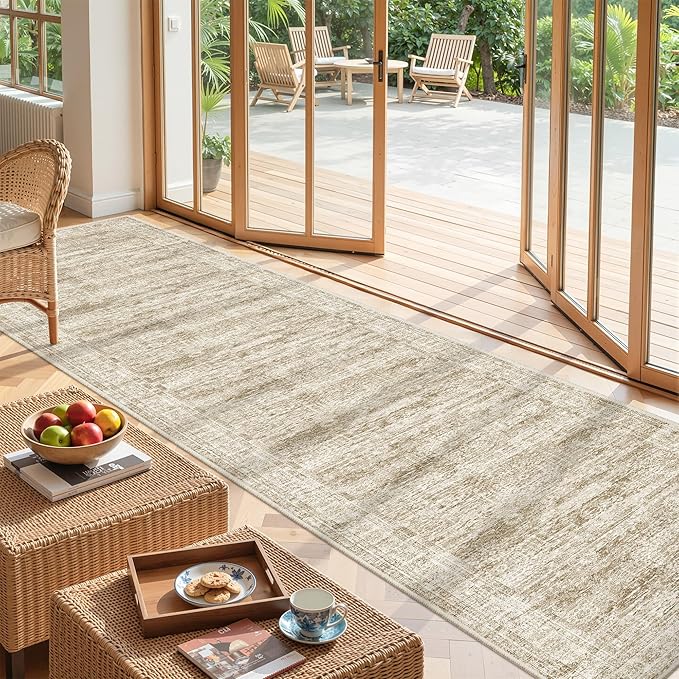 Washable Runner Rug 2.5x12, Non-Slip Long Bathroom Rugs Runner for Kitchen, Living Room, Bedroom, Soft Vintage Washable Rug for Entryway, Thin Floor Mat for Dining Room(2.5'x12', Brown/Ivory)