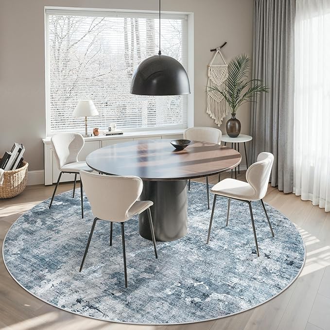 8x8 Blue/Grey Round Rug 8ft Living Room Circle Rug Vintage Round Area Rug Non Slip Indoor Carpet for Apartment
