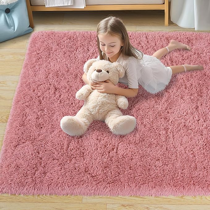 Pionblank Super Fluffy Area Rug for Living Room 5x7 Feet, Modern Indoor Shaggy Carpet, Soft Plush Non Slip Rugs for Bedroom Kids Room Teens Dorm Cloakroom Home Decor, Blush