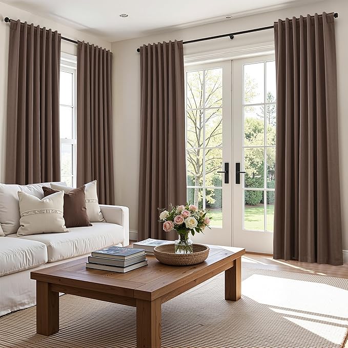 Guken Mocha Mousse 100% Blackout Linen Curtains 96 Inch Length 2 Panels Set for Living Room Bedroom Back Tab/Rod Pocket Thermal Insulated Farmhouse Black Out Drapes Room Darkening,52x96
