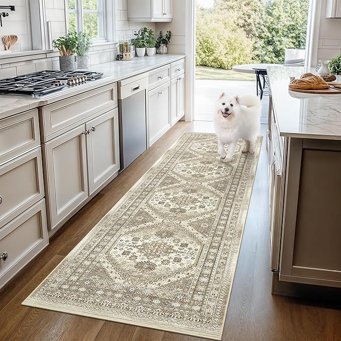 2x5 Rug Runner Washable for Entryway, Soft Bathroom Rugs with Non-Slip Backing,Vintage Low Pile Stair Runner, Small Kitchen Carpet for Hallways, Laundry Room(Brown,2'x5')