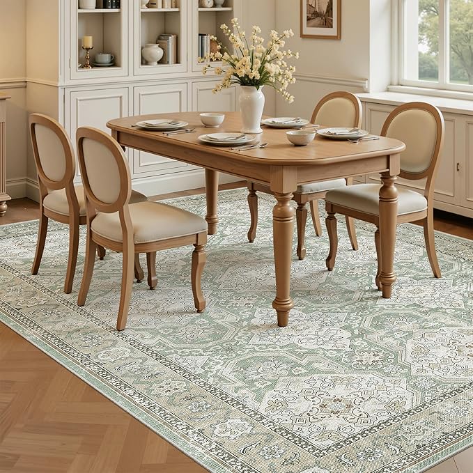 Soalmost 5x7 Area Rugs Green/Brown Low Pile Indoor Washable Trendy Faded Style Rugs for Bedroom Living Room Dining Room Foldable Non-Slip Thin Print Home Office Mat
