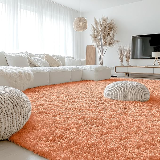 OLANLY 9x12 Machine Washable Large Area Rugs for Living Room, Bedroom, Soft Fluffy Shaggy Bedside Rug, Indoor Floor Carpet for Kids Girls and Boys, Dorms, Nursery, Home Decor, Muted Orange