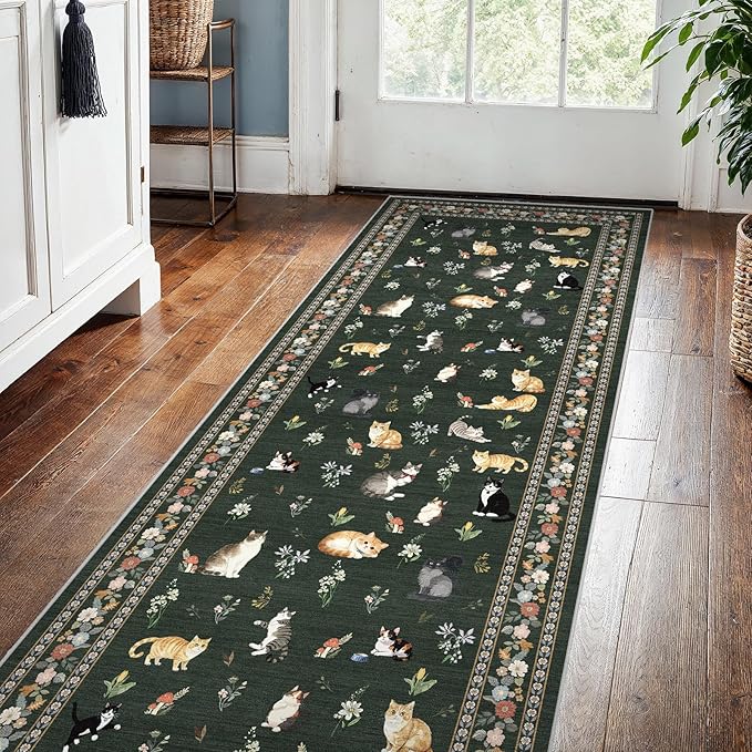 2x5 Washable Kitchen Runner Rug - Soft Low Pile Floral Animal Cat Print Rugs with Non-Slip Backing Waterproof Stain-Resistant Indoor Carpet for Hallway Entryway Bathroom Bedroom (Sage Green)