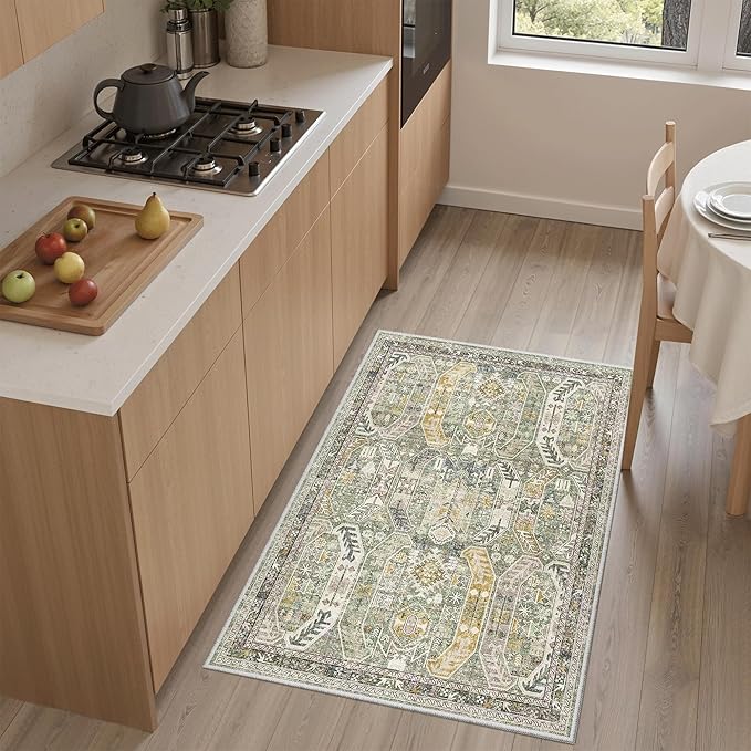 Madane Washable Area Rug 2x3, Small Entryway Rug Non-Slip Vintage Door Mat Indoor Entrance, Low Pile Floor Carpet for Inside Front Door Bedroom Kitchen Entry Laundry (2'x3', Green/Gold)