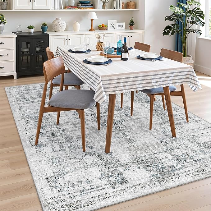Madane 8x10 Area Rugs for Living Room, Machine Washable Vintage Rug with Non-Slip Backing, Soft Throw Large Rug, Thin Carpet for Bedroom Dining Room Farmhouse Under Table, Blue/Grey