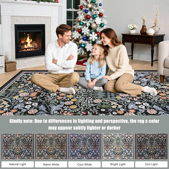 Area Rug Living Room Rugs: Floral 4x6 Washable Rug Vintage Soft Boho Non-Slip Carpet Indoor Floor Stain Resistant Large Carpets for Bedroom Dining Room Farmhouse Nursery Hallway Home Office Dark Black