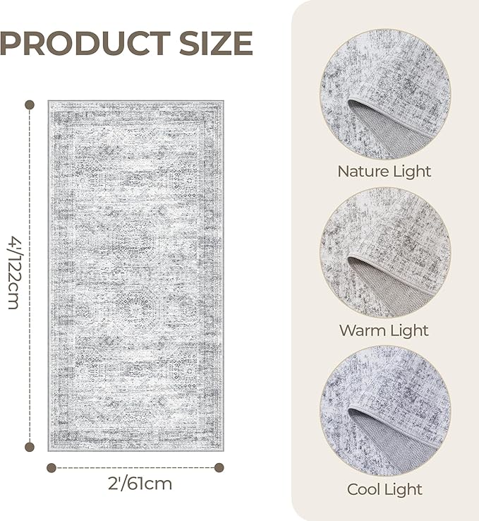 2x4 Washable Rug Runner for Bathroom, Soft Entryway Rug for Laundry Room, Kitchen, Vintage Abstract Hallway Runner for Bedroom, Anti-Slip Door Mat Indoor Entrance(2'x4', Grey/Ivory)