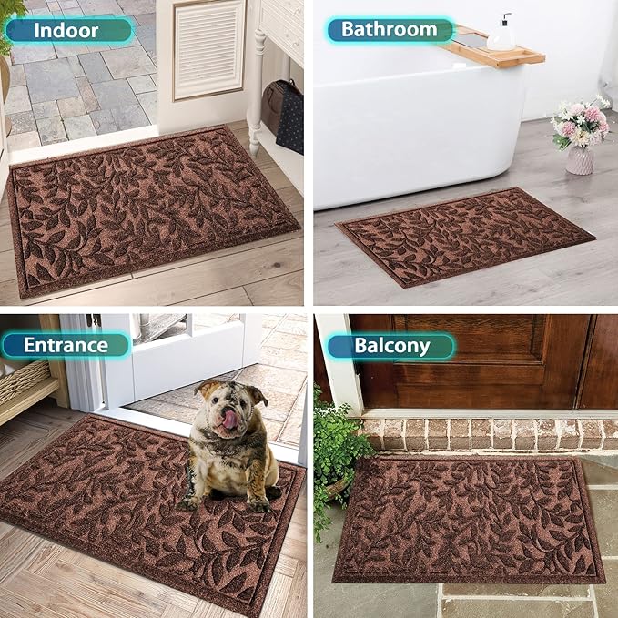 Bulijojo Sturdy Front Entrance Doormats,Durable Heavy Duty Welcome Mat,Thick Absorbent Natural Rubber Non Slip Mat,Easy Clean Entryway Mat 17x30 Inch Leaves Brown
