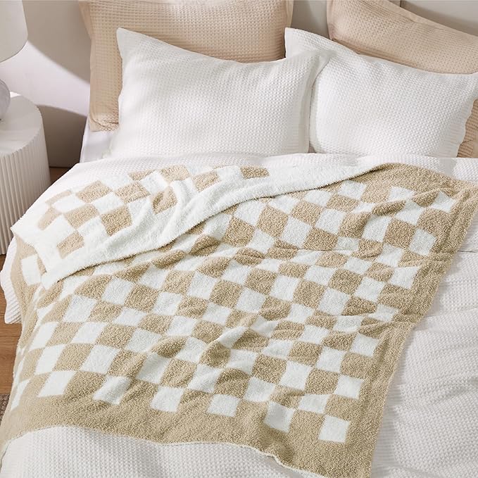 Bedsure GentleSoft Checkered Twin Blanket for Couch, Super Soft Cozy & Warm Knit Throw Blanket, Lightweight & Fluffy Plaid Blankets for Bedding, Sofa, Gifts for Women Men, Beige, 60x80 Inches