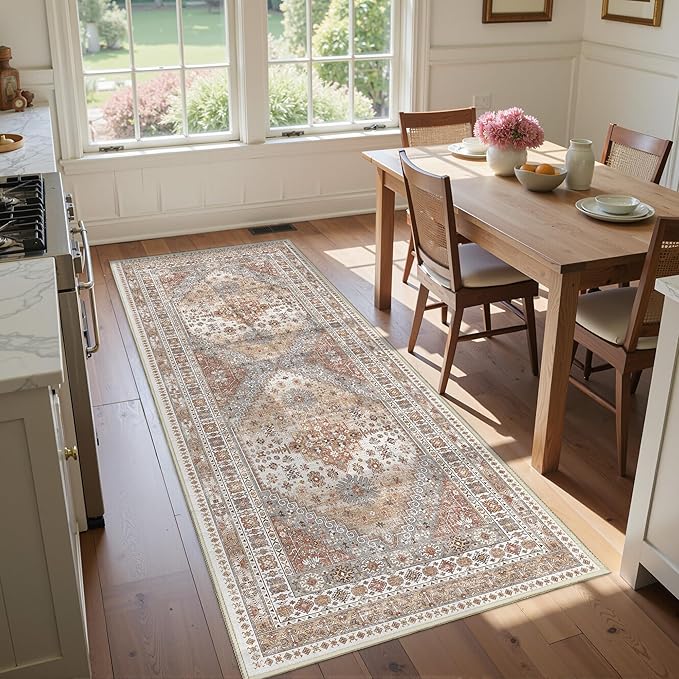 3x6 Runner Rug, Thin Entryway Non Slip Washable Rugs for Entryway, Runners for Hallways, Low Pile Vintage Soft Rugs for Living Room, Kitchen, Bedroom Rug(Orange,3'x6')