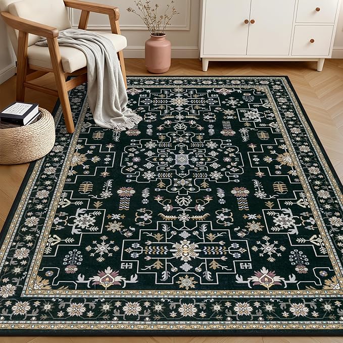 6x9 Area Rugs Living Room Rug: Washable Vintage Boho Medallion Rug No Slip Stain Resistant Soft Carpet Indoor Floor Large Carpets for Bedroom Dining Room Farmhouse Nursery Hallway Home Office Black