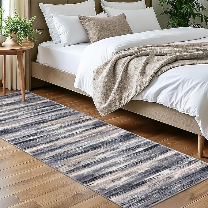 Lansny Modern Abstract Bedroom Runner Rug 2x7, Grey Black Multi Washable Kitchen Runner, Non-Slip Soft Thin Faux Wool Mat for Entryway, Hallway, Laundry Room, Indoor Home Decor