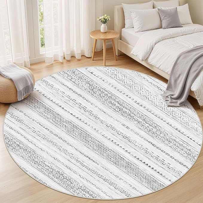Nakagishi Round Rug Boho Area Rugs: 8x8 Washable Large Circle Neutral Soft Stain Resistant Non-Slip Carpet for Women Aged 25-45 Farmhouse Decor Enthusiasts - Living Room Bedroom Dining Room Nursery