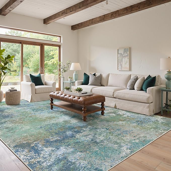 BEIMO Area Rugs 10x14 for Living Room Bedroom, Modern Abstract Machine Washable Rug, Large Soft Low Pile Floor Carpet with Non Slip Backing for Dining Room, Blue Green