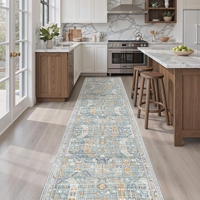 Madane Runner Rugs for Hallway 2x10 Long Washable Non-Slip Hallway Runner Rug Low-Pile Stair Kitchen Runner Soft Throw Carpet for Entrance Living Dining Laundry Room (Blue/Gold, 2 x 10)