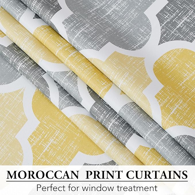 Beauoop 100% Blackout Curtains 90 Inches Long 2 Panels for Bedroom Living Room Yellow Grey Moroccan Geo Room Darkening Thermal Insulated Soundproof Grommet Top Window Treatments Drapes, 50x90 Set of 2