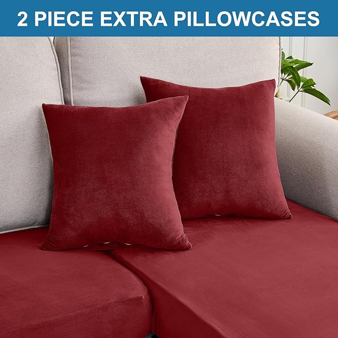 Couch Cover 8-Piece Elastic Velvet Couch Cushion Covers & Chaise Slipcovers for L-Shaped Sofas, Sofa Seat Covers Washable, Soft Cover for Couches (7 Seater + Chaise, Christmas Red)
