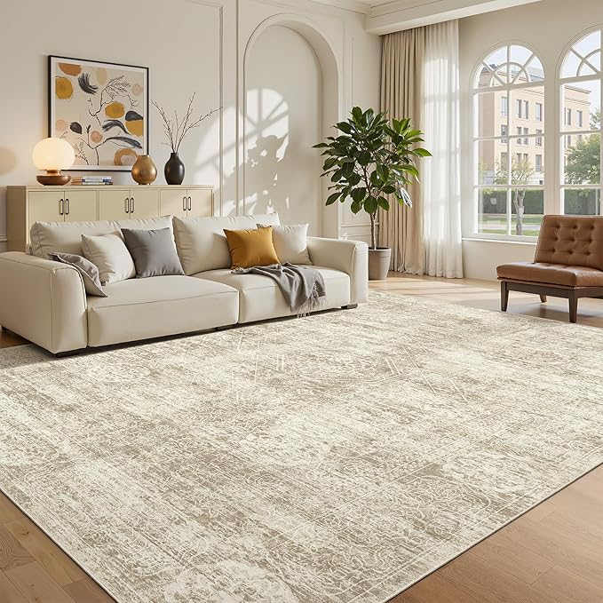 Madane 5x7 Area Rugs for Living Room, Washable Vintage Natural Beige Rug with Non-Slip Backing, Soft Floral Print Throw Rugs Floor Low Pile Carpet for Bedroom Dining Room Farmhouse