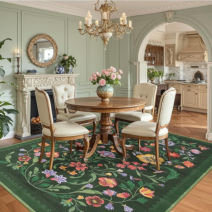 Washable Rug 5x7 Area Rugs for Living Room, Protea Floral Rug for Bedroom, Soft Boho Non Slip Throw Rugs with Rubber Back, Low Pile Stain Resistant Vintage Floral Carpet for Dining Room, Forest Green
