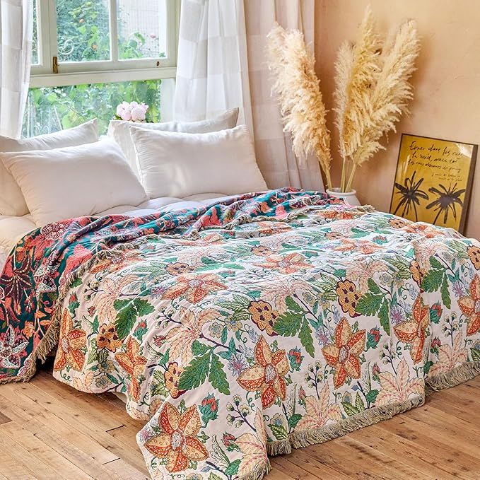 MSGKV Boho Throw Blanket for Bed Twin Size 100% Cotton Floral Blanket 60"x80" Lightweight Farmhouse Muslin Spring Breathable Couch Blankets Home Decor All Seasons