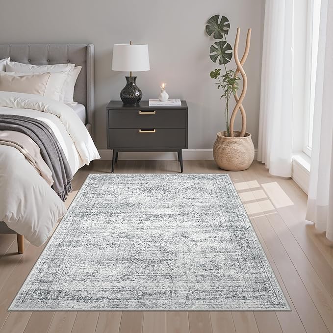 Area Rugs 4x6 for Living Room, Vintage Washable Rugs for Dining Room, Kitchen, Non-Slip Area Rug Grey