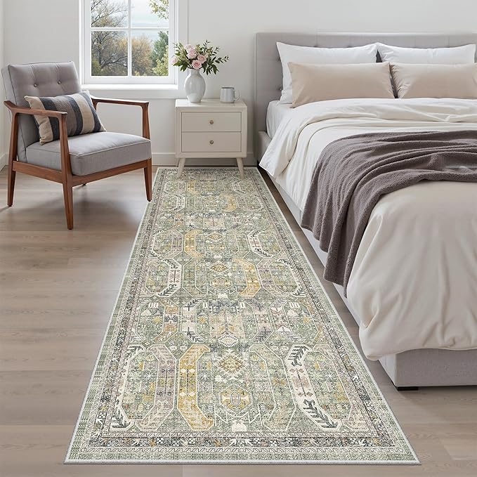 Madane Runner Rug 2'6''x8' Kitchen Runner, Hallway Runner Printed Vintage Washable Rugs Soft Non-Slip Low Pile 2.5x8 ft Runners for Hallways Laundry Room Rug Distressed Rug, Green/Gold