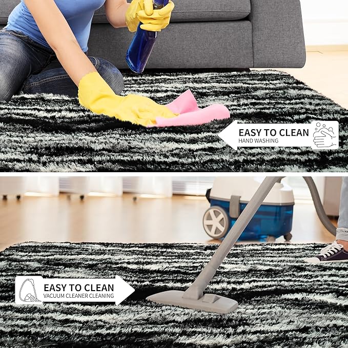 Tepook Soft Fluffy Rugs for Living Room, 5x8 Shaggy Area Rug for Bedroom, Modern Shag Rug Fuzzy Carpets for Kids, Plush Indoor Nursery Home Decor Rug with Non-Slip Bottom, Black White