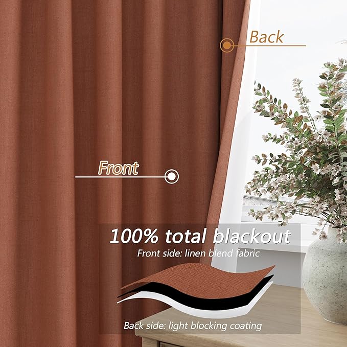 Guken Terracotta 100% Blackout Curtains 96 Inch Length 2 Panels Set Fall Curtains for Living Room Bedroom Back Tab Thermal Insulated Black Out Linen Drapes, 52x96