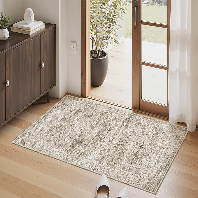 2x3 Washable Rugs for Kitchen, Floor, Entryway, Powder Room Small Area Rug Non-Slip Vintage Low Pile Throw Door Mat Brown