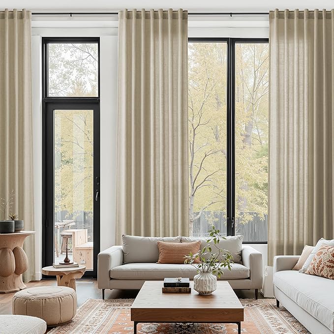 Taupe Burlywood Linen Curtains 132 Inch Length for Living Room Light Filtering Semi Sheer Curtain Back Tab Modern Farmhouse Decor Drapes Floor to Ceiling High Window for Bedroom 52x132, 2 Panels