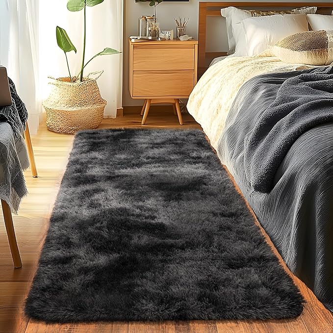 Runner Rugs for Bedroom 2x6 Rug Runners for Hallways Non Slip Soft Shag Bedside Rug, Fluffy Area Rug Throw Rugs for Living Room, Floor Carpet Runner for Nursery Kids Dorm, Dark Grey