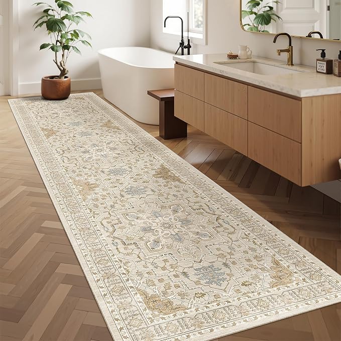Madane Hallway Runner Rug 2'6''x10' Kitchen Runner, Non Slip Vintage Runners for Hallways 10ft Washable Kitchen Rugs Soft Low Pile 2.5x10 ft Rug Runner for Entryway and Bedroom, Beige/Blue