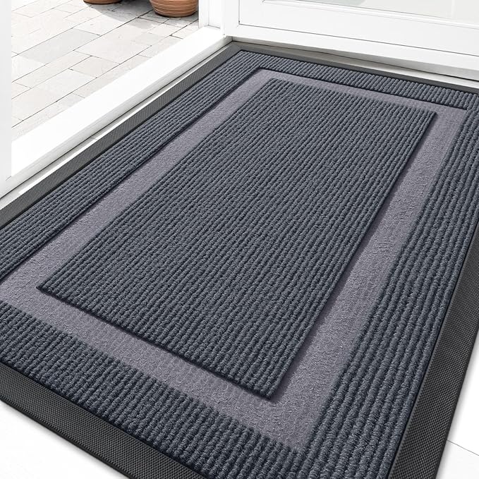 OLANLY Front Door Mat Indoor Outdoor Entrance, Waterproof All-Season, All-Weather Doormat, Sturdy Natural Rubber, Fade Resistant, Low Profile, Easy Clean Patio Porch Entryway Mat, 33x21, Light Grey